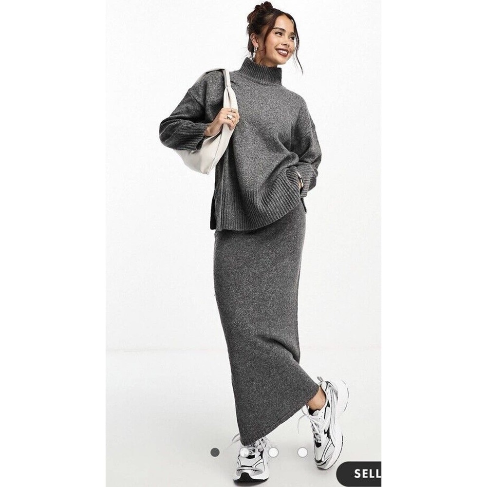 ASOS Knitted Midi Skirt Grey Side Slit Size 0 Ribbed Minimalist Capsule Wardrobe